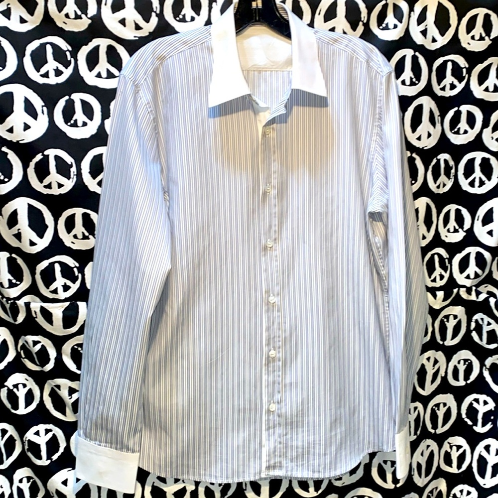 CORTIGIANI ITALIAN-MADE STRIPED DRESS SHIRT SZ WHITE/GREY/BLACK